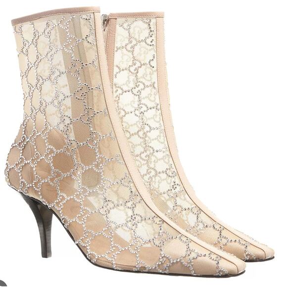 Gucci Demi Crystal GG Logo Mesh Pointed Toe Ankle Boot Tan Nude 85mm - Picture 1 of 9